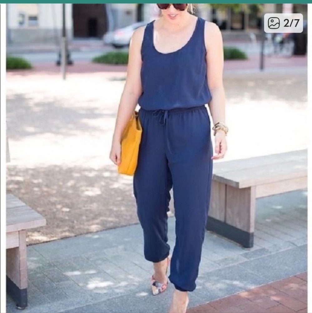CAbi French Navy Blue Jumpsuit Drawstring Waist Sleeveless‎ Women’s Large #303